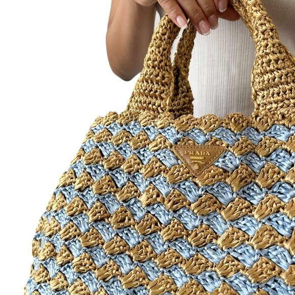 PRADA Vintage Logo Raffia Tote Bag Stripe Blue Beige Polyethylene Snap [105516] - Picture 3 of 14
